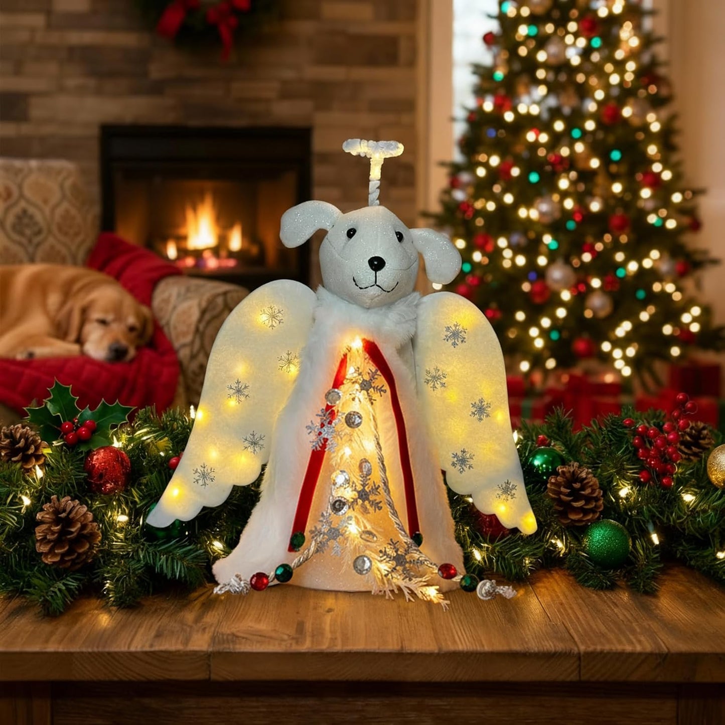iHeartDogs Christmas Miracle Angel – Battery-Powered Flame-Free Tree Topper Safe for Kids and Pets