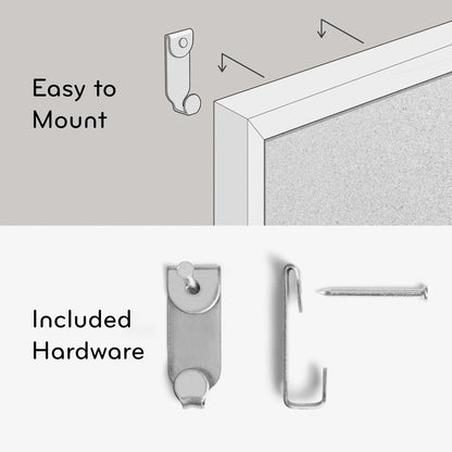 included mounting hardware, instructions, and starter push pins for out-of-box setup
