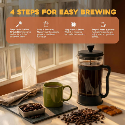includes measuring coffee spoon and ergonomic handle for safe pouring