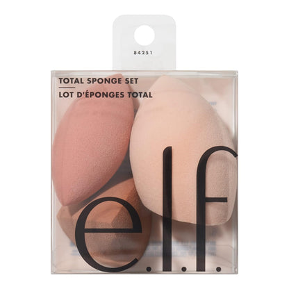 includes three distinct sponges: total face sponge, camo concealer sponge, and contour pyramid sponge