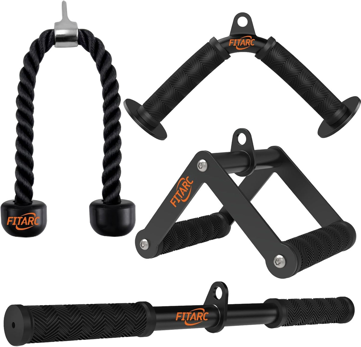 includes v bar, double d handle, tricep rope, and straight bar (5-piece variant adds one extra)