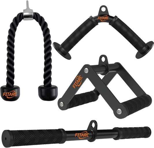 includes v bar, double d handle, tricep rope, and straight bar (5-piece variant adds one extra)