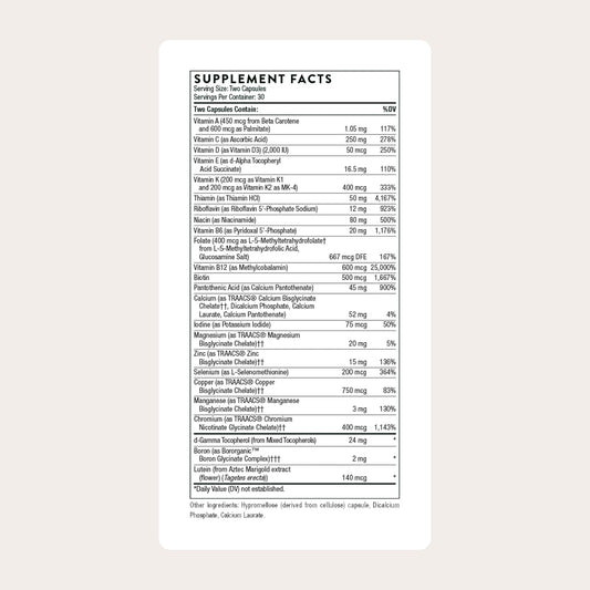 includes vitamins a, b-complex, c, d, e, k1, and k2 plus highly absorbable minerals