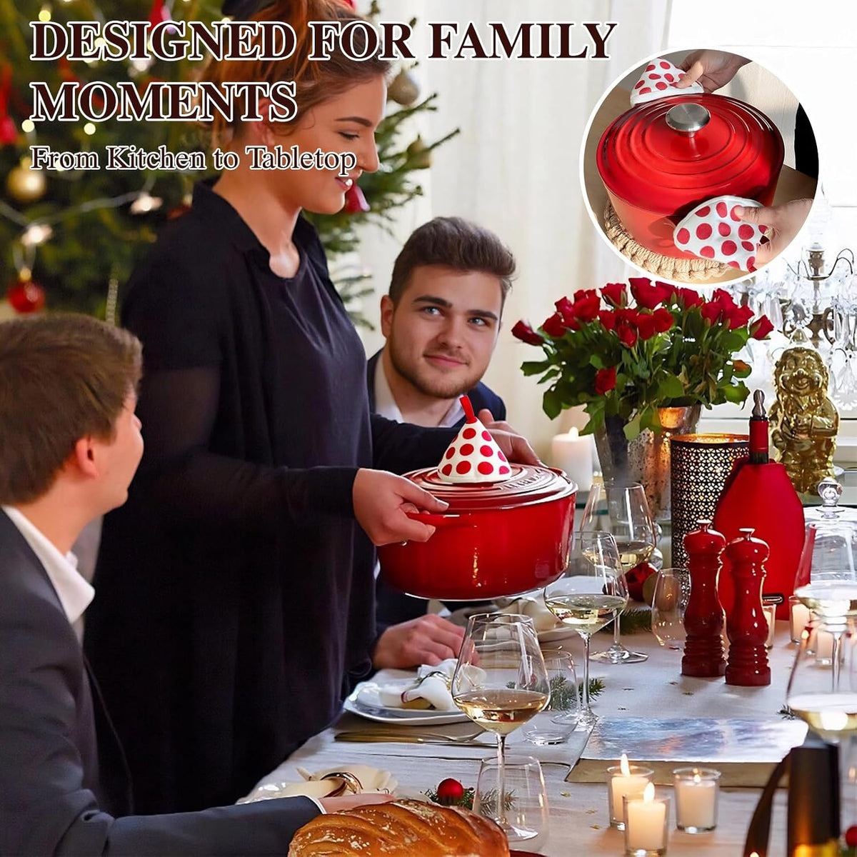 induction-compatible base, oven-safe to 500°f, with included cotton potholders