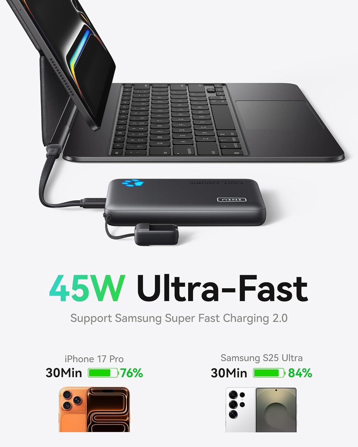 INIU 45W Power Bank Gift for Tech Lovers, 10000mAh USB-C Charger with Attached Cable in Five Colors for Birthday and Holiday Gifting