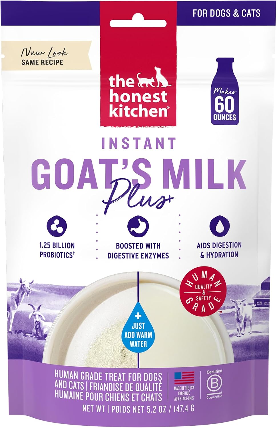 instant powdered goat's milk that rehydrates with water only (5.2 oz yields ~2 quarts; 11 oz yields ~4 quarts)