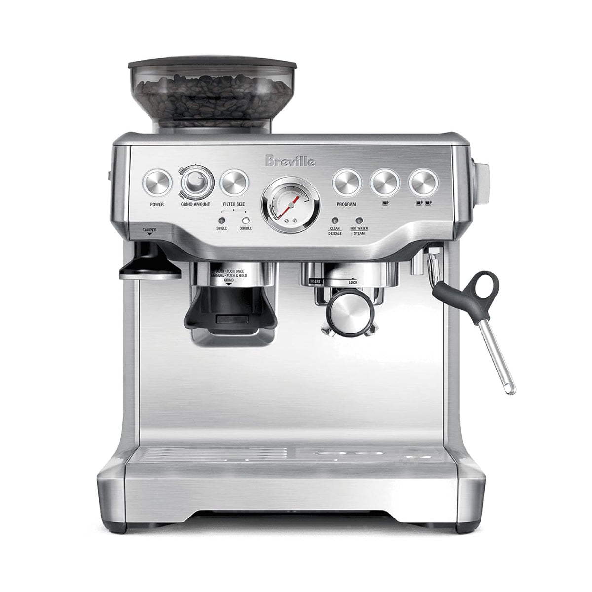integrated conical burr grinder with adjustable grind amount and dose control