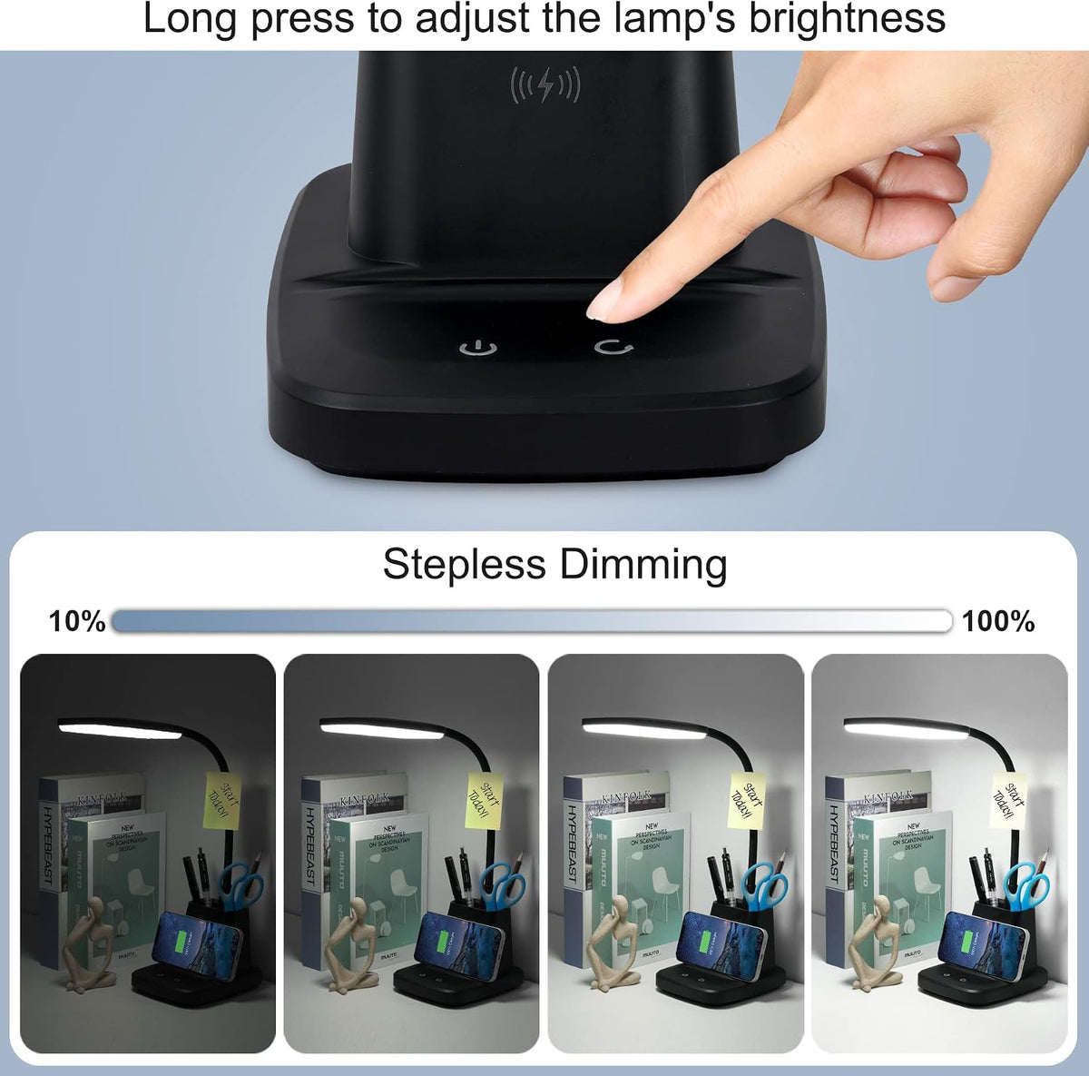 integrated pen holder and phone stand with adjustable flexible neck