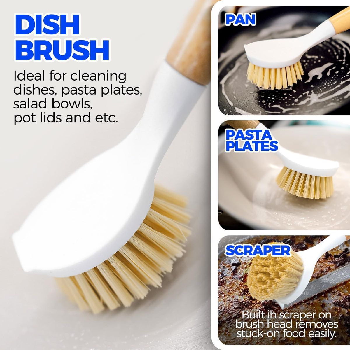 integrated scraper on dish brush head for stuck-on food removal