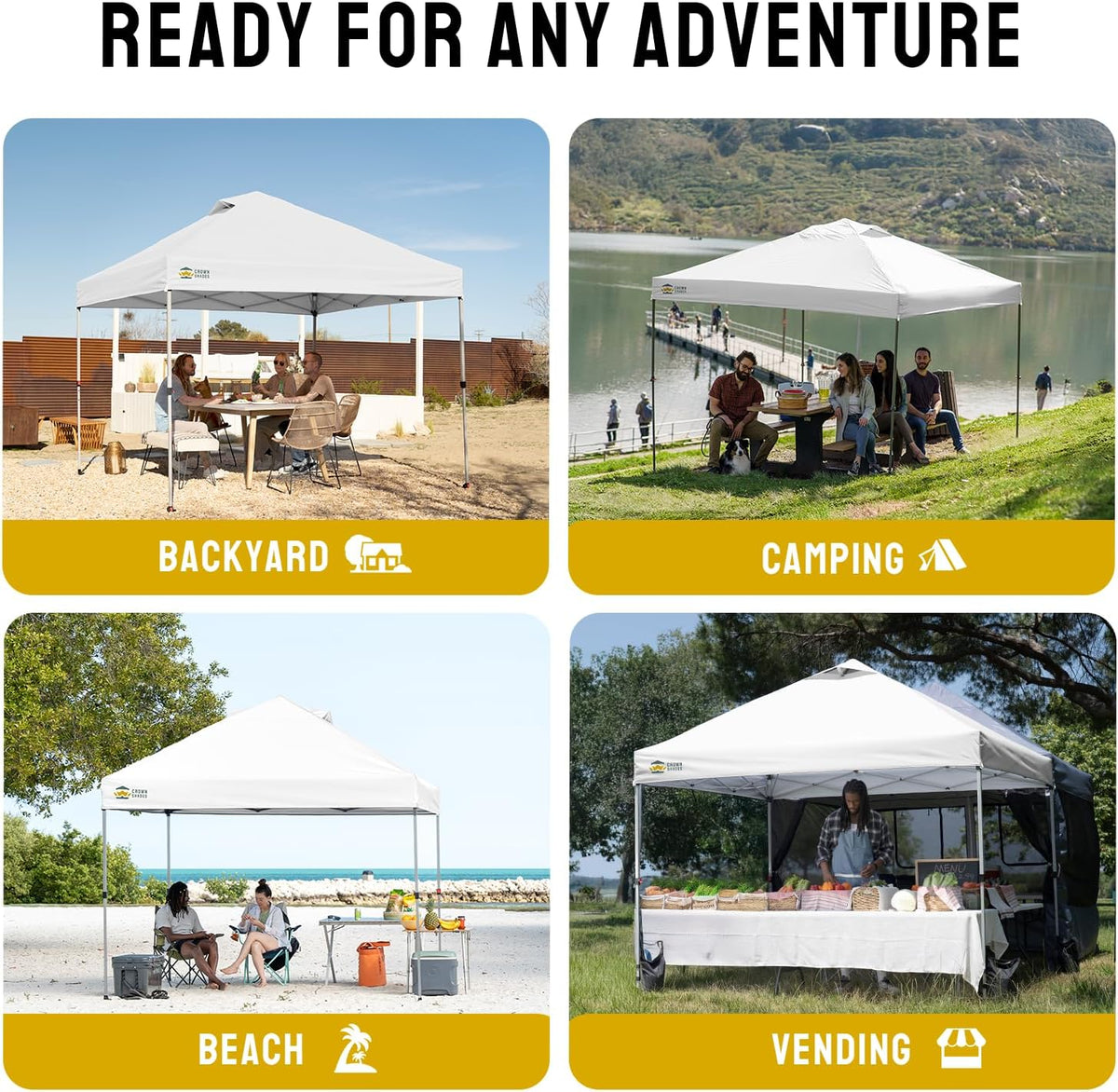 integrated wheel feet for tilting-and-rolling the assembled tent across a patio or sports field