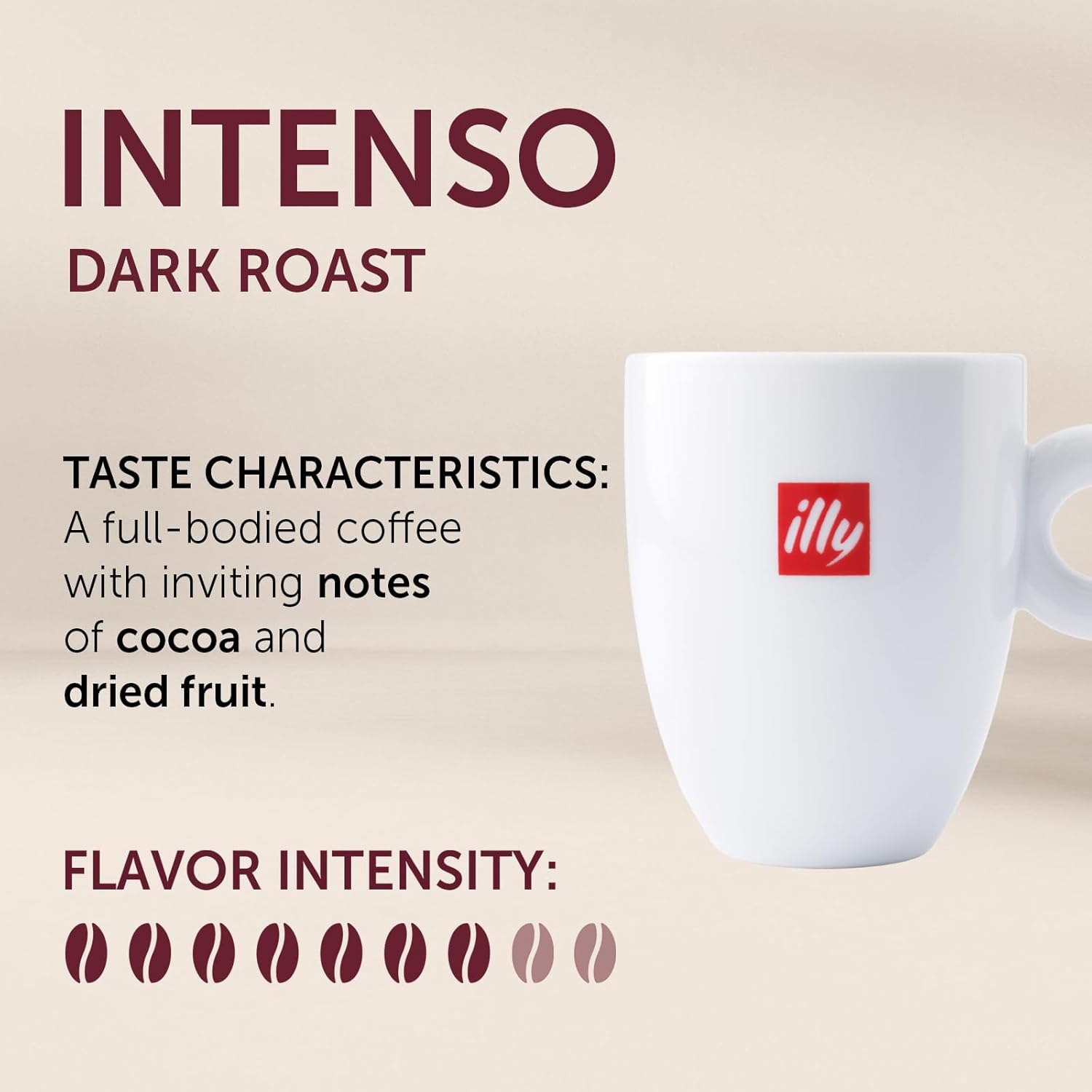 intenso dark roast profile with deep cocoa and dried fruit flavor notes