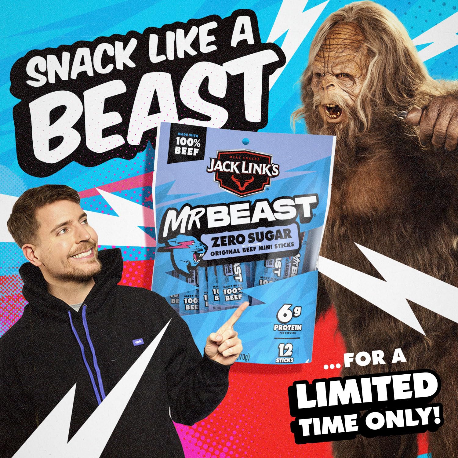 Jack Link's x MrBeast Zero Sugar Mini Beef Sticks – Mess-Free Hiking and Trail Snack, 12 Individually Wrapped Sticks