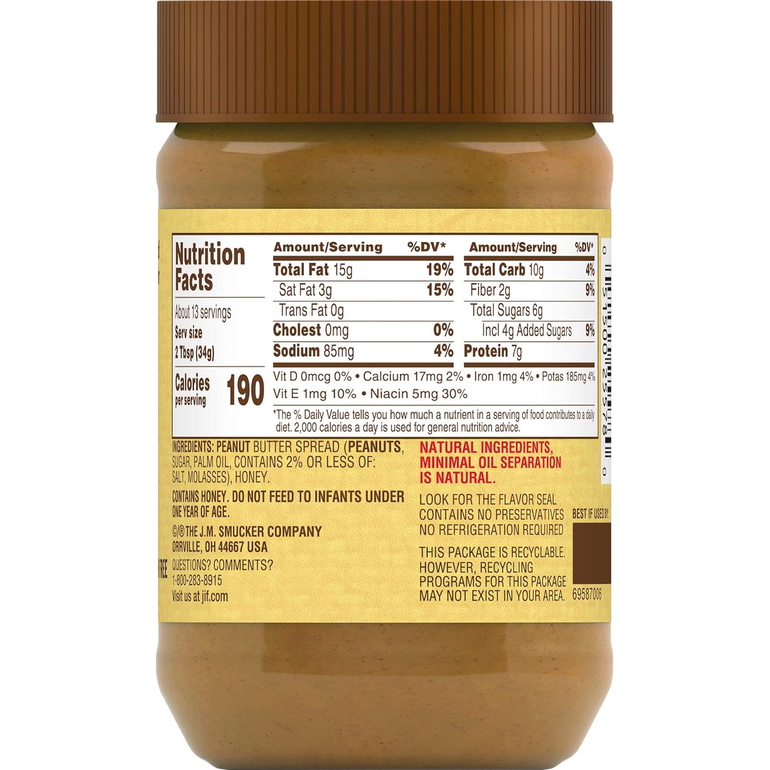 Jif Natural Creamy Peanut Butter Spread and Honey – No-Stir Breakfast Spread for Busy Families, 28 oz