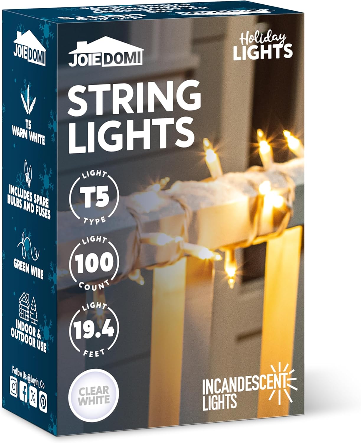 JOIEDOMI Incandescent T5 String Lights – 21.4FT White Wire Accent Lighting for Fireplace, Stair Railing, and Reading Nook Aesthetic