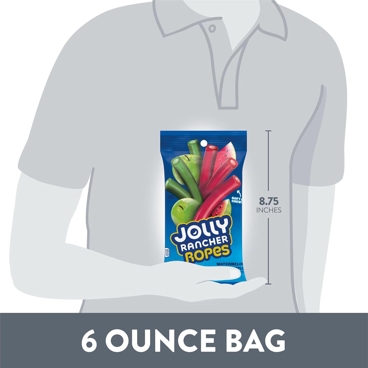 JOLLY RANCHER Ropes Watermelon & Green Apple Chewy Candy for Camping Trips, Picnics, and Backyard BBQs, 6 oz Resealable Bag