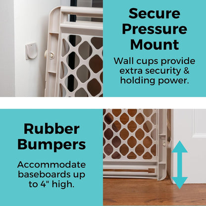 jpma-certified safety gate, proudly made in the usa, available in ivory and sand color variants