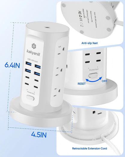 kakyanill Retractable Power Strip with Fireproof Shell – Family-Safe Charging Hub for Nightstands and Counters