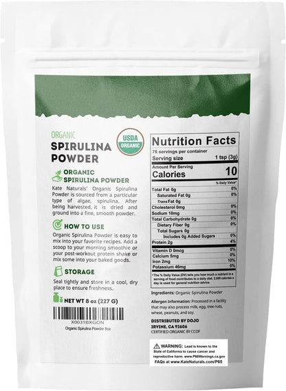 Kate Naturals Organic Spirulina Powder – Plant-Based Self-Care for Smoothie and Wellness Routine, 8 oz