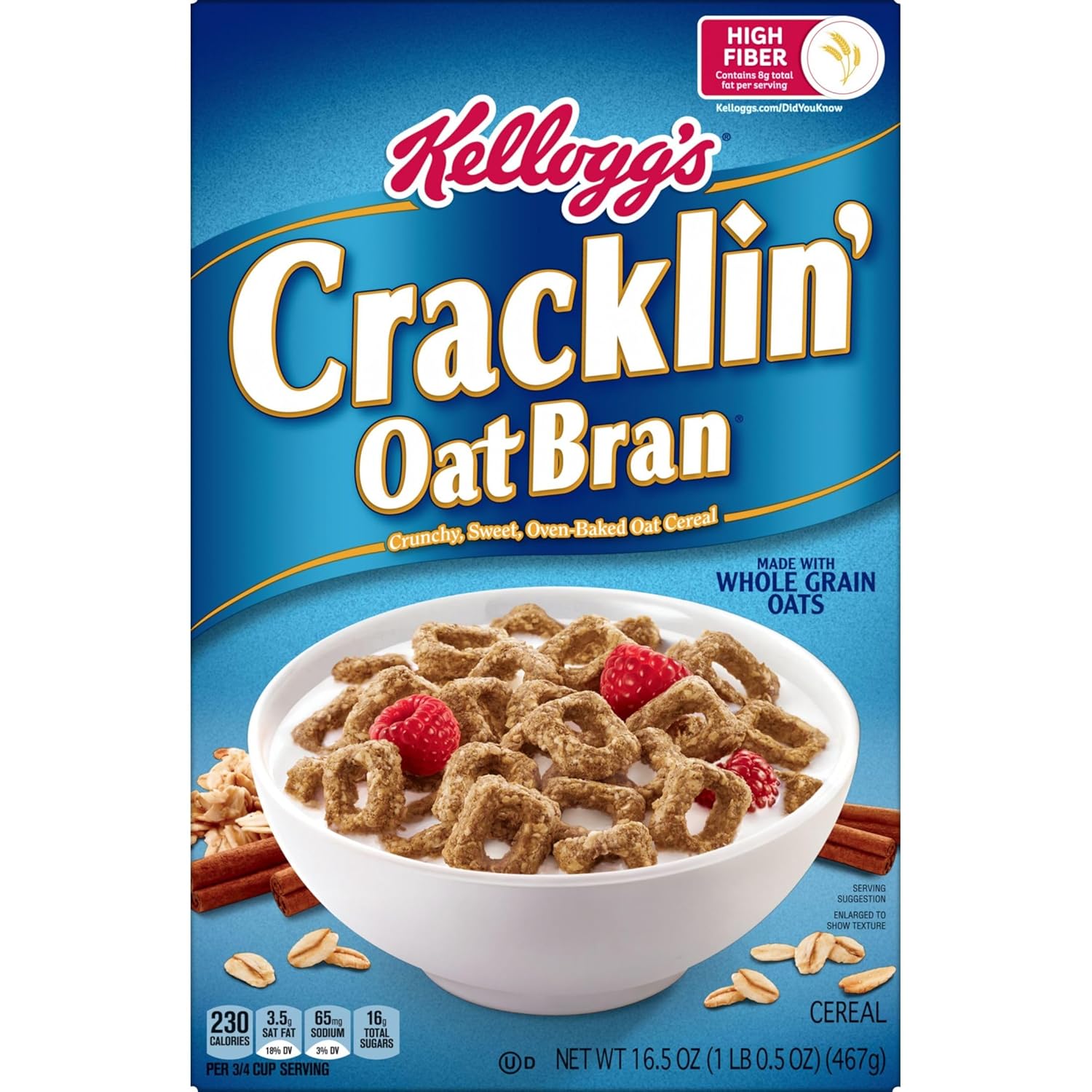 Kellogg's Cracklin' Oat Bran Breakfast Cereal, Fiber Cereal, Family Cereal, Original (3 Boxes) – Thoughtful Pantry Gift for Health-Conscious Friends
