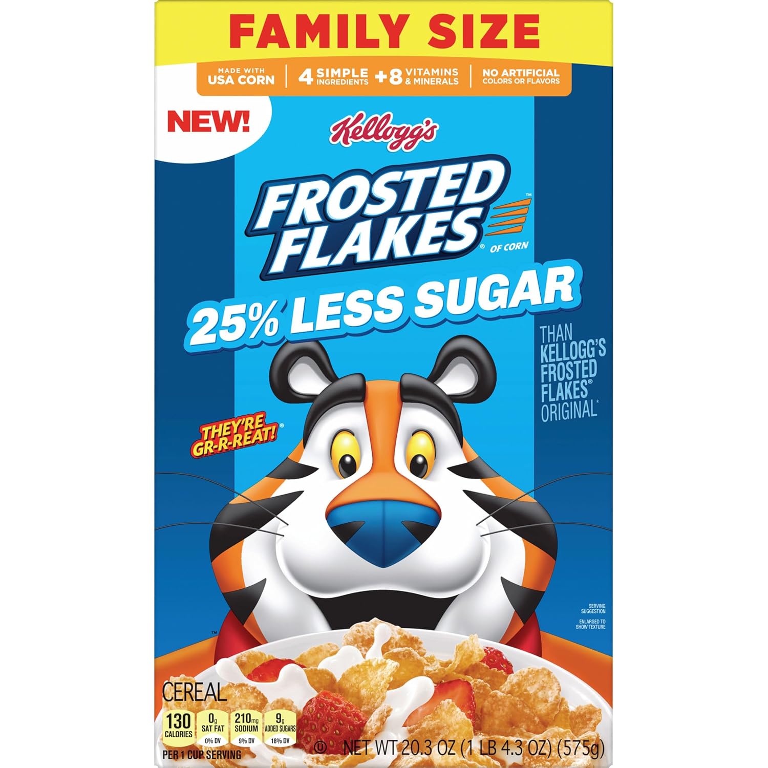 Kellogg's Frosted Flakes 25% Less Sugar Cereal, Simple 4-Ingredient Cereal Free from Artificial Colors and Flavors for Worried Parents