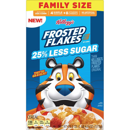 Kellogg's Frosted Flakes 25% Less Sugar Cereal, Simple 4-Ingredient Cereal Free from Artificial Colors and Flavors for Worried Parents