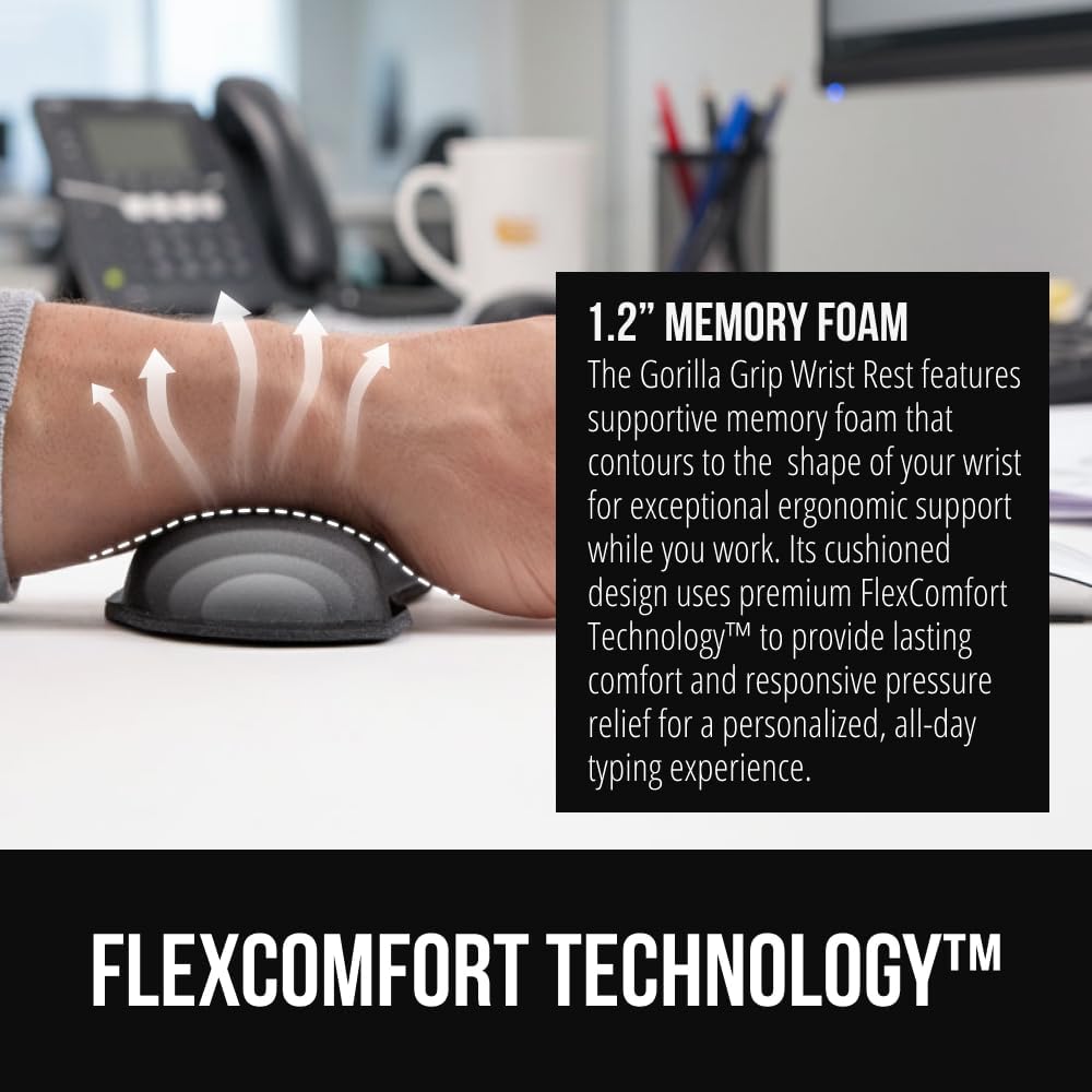 keyboard rest sized 17 by 3.5 inches to fit full-size and tenkeyless keyboards