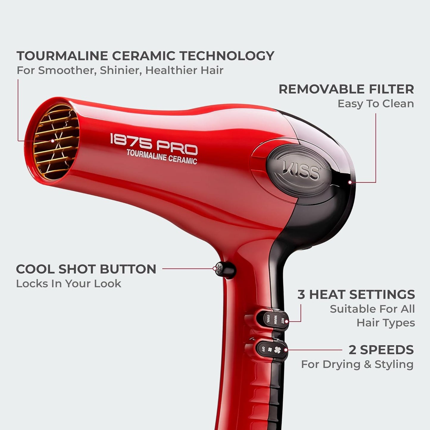KISS 1875W Pro Tourmaline Ceramic Hair Dryer - Premium Red Salon-Quality Styling Edition with 7-Piece Accessory Kit