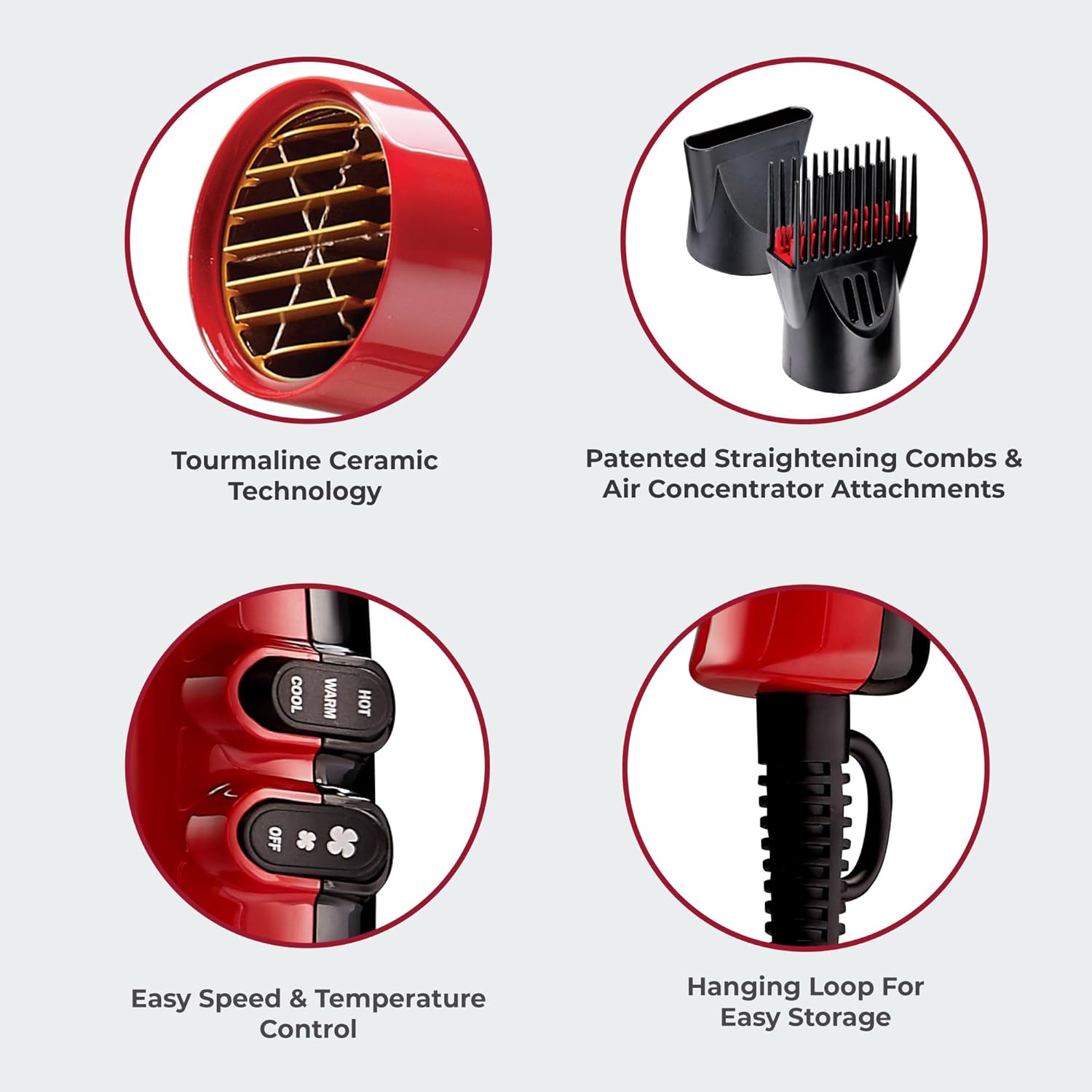 KISS 1875W Pro Tourmaline Ceramic Hair Dryer - Premium Red Salon-Quality Styling Edition with 7-Piece Accessory Kit