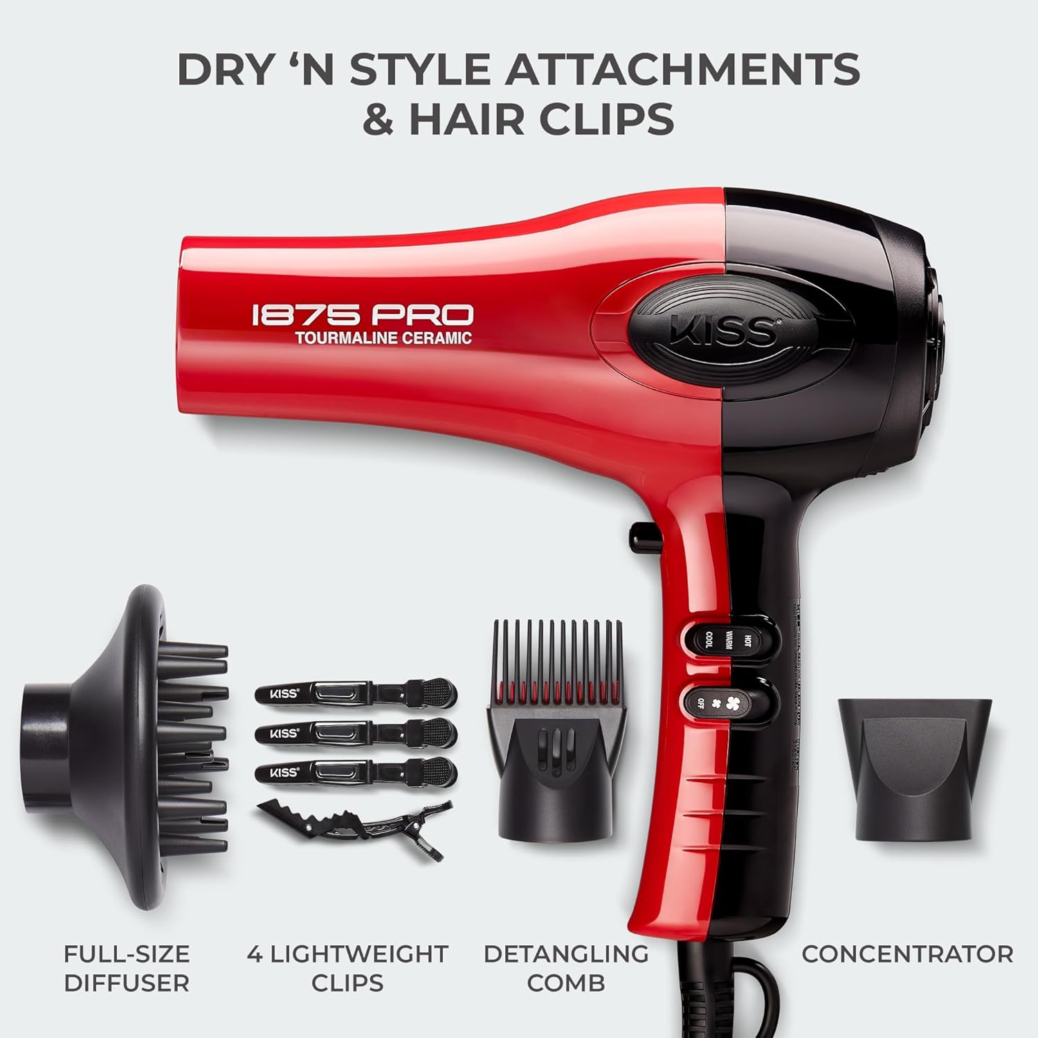 KISS 1875W Pro Tourmaline Ceramic Hair Dryer - Premium Red Salon-Quality Styling Edition with 7-Piece Accessory Kit