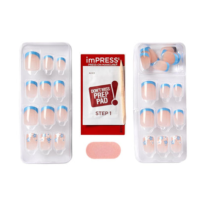 KISS imPRESS No Glue French Manicure for Clean Beauty Routines, Short Squoval Press On Nails in Neutral Blue Snooze