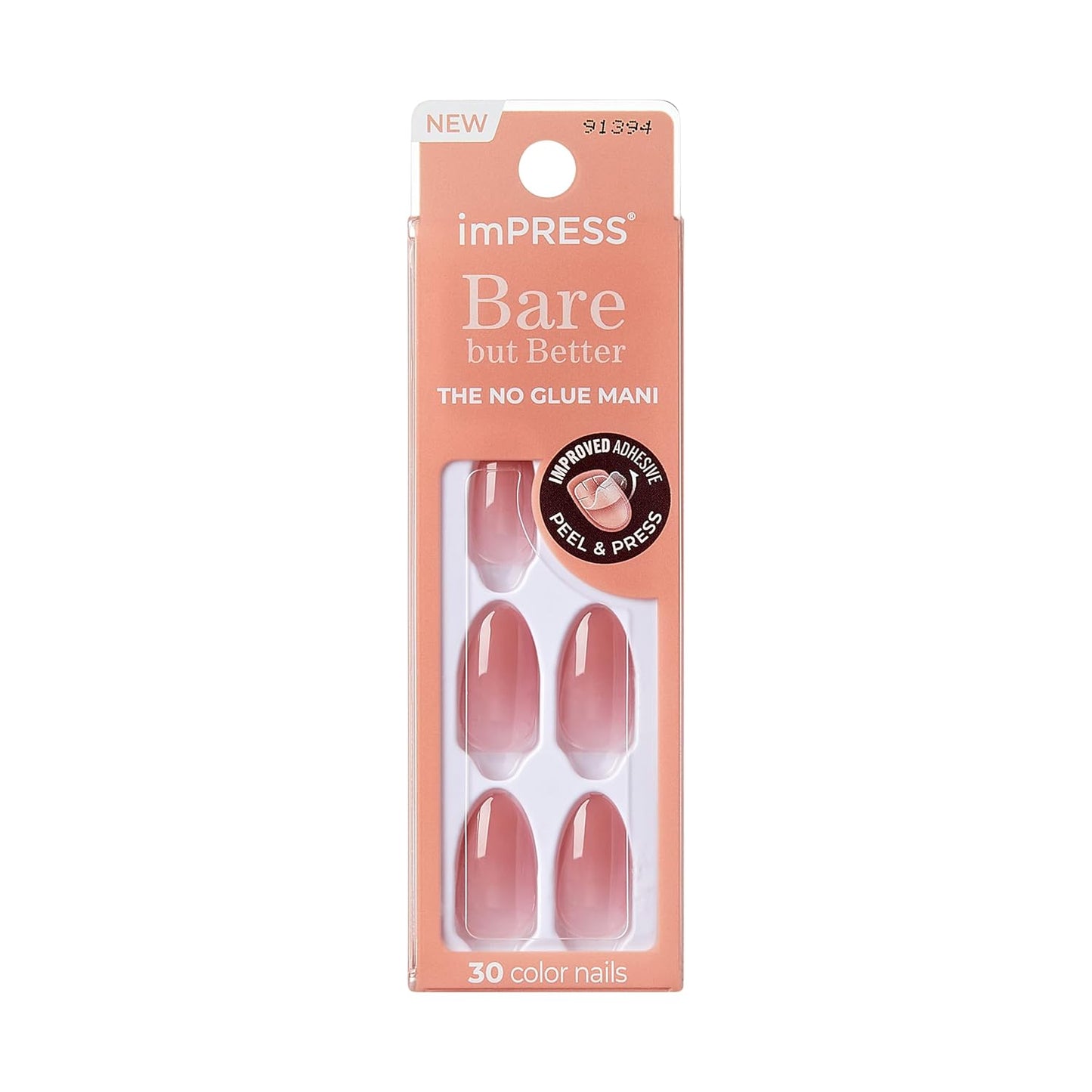 KISS imPRESS No Glue Press On Nails – Bare but Better Serenity Pink for the Minimalist Vanity, Clean Girl Nude Manicure