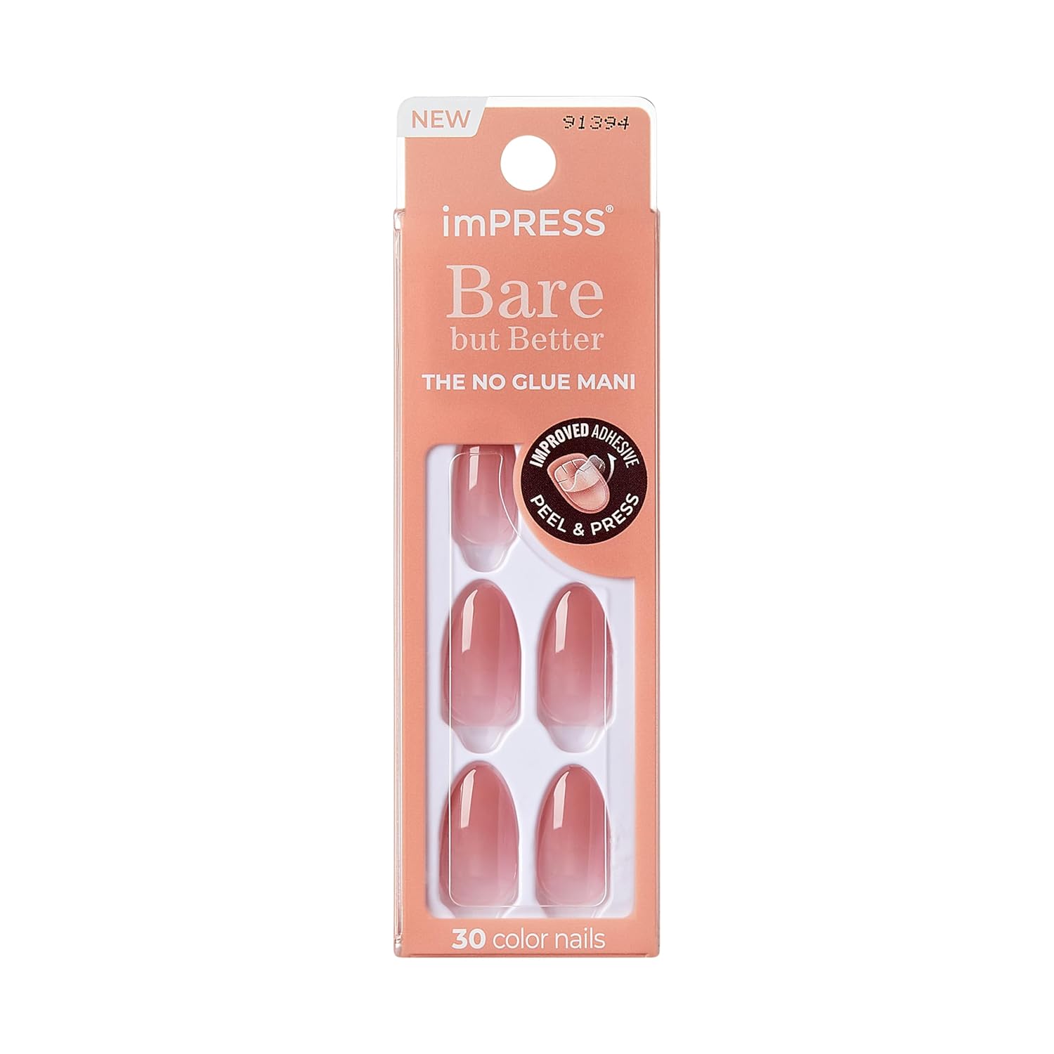 KISS imPRESS No Glue Press On Nails – Bare but Better Serenity Pink for the Minimalist Vanity, Clean Girl Nude Manicure