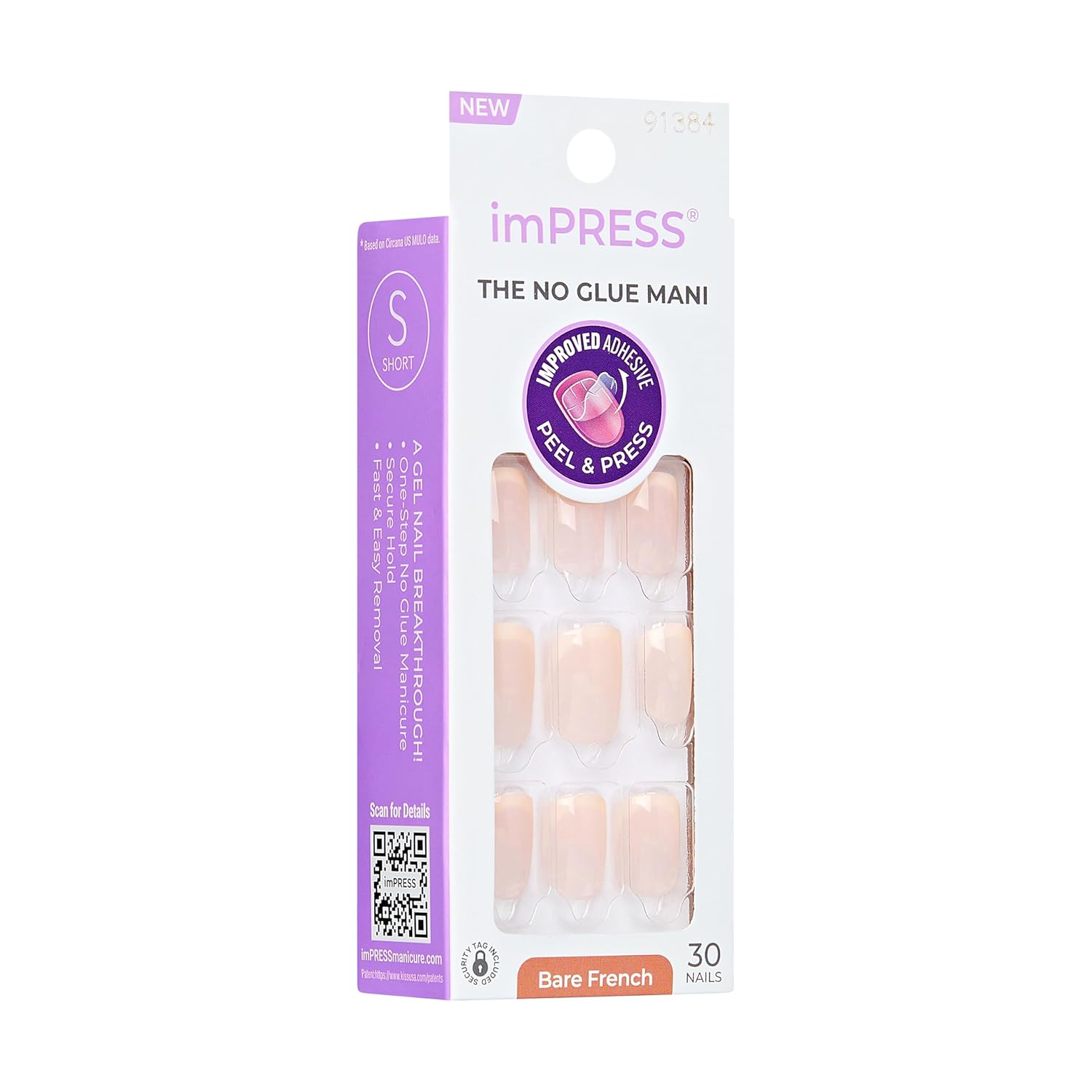 KISS imPRESS No Glue Press On Nails for Teens – Back-to-School French Manicure Kit, Short Squoval, 30 Nails