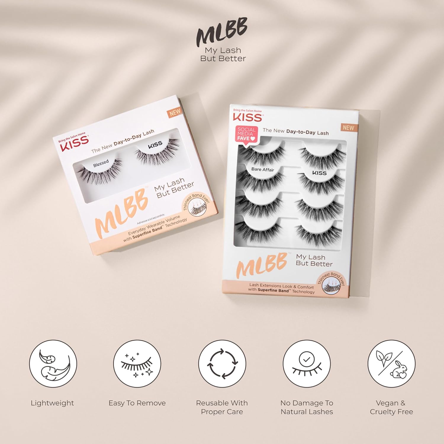 KISS My Lash But Better So Real 12mm Lashes – Minimalist Vegan Falsies for Clean Beauty Routines, Reusable Natural Strip Lashes