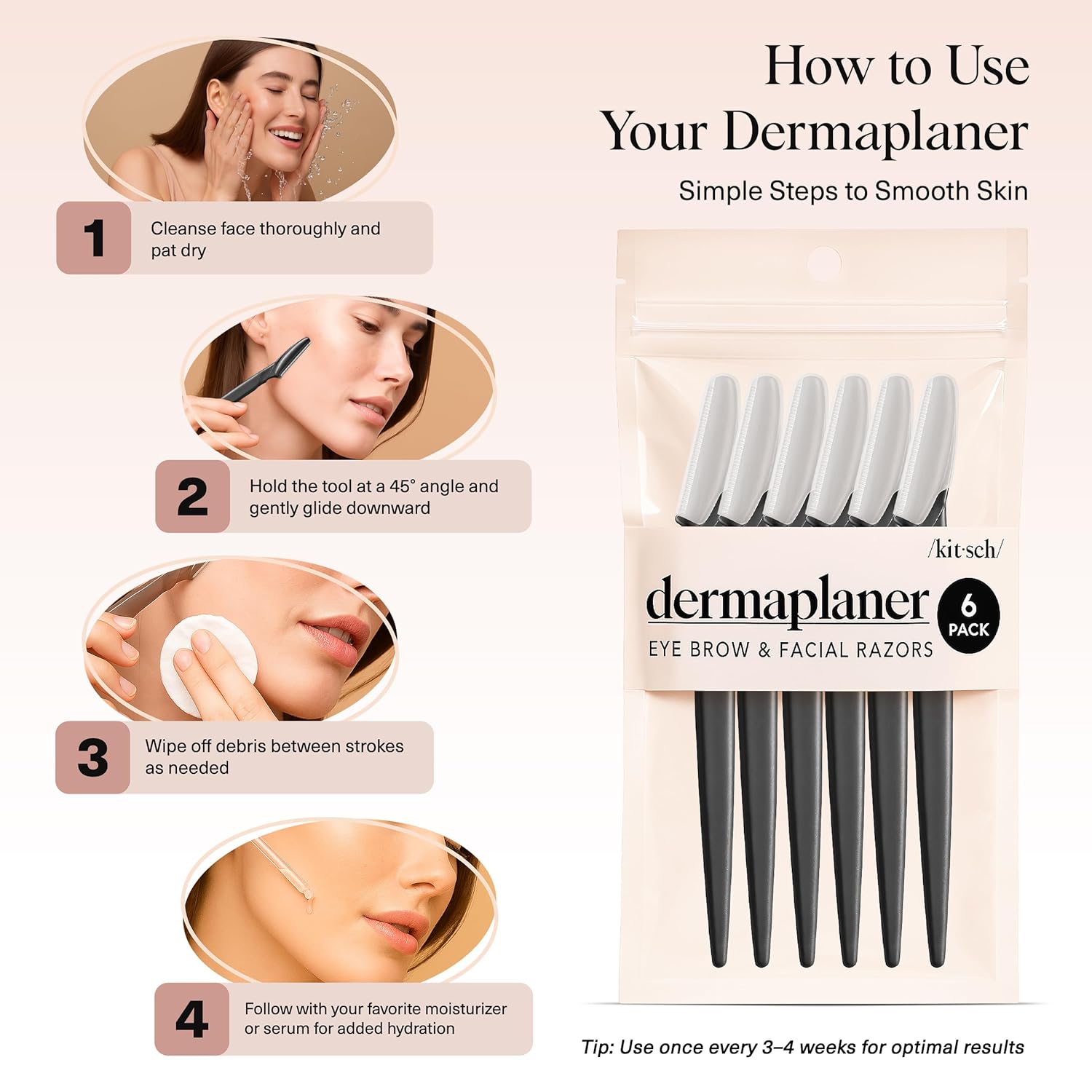 Kitsch Dermaplane Razor – Thoughtful Birthday Gift for Women, At-Home Facial Exfoliation Set in Black, 6 Pack