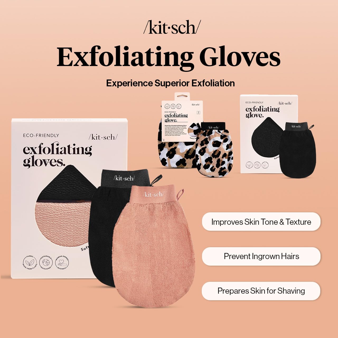 Kitsch Exfoliating Gloves 2pc – Affordable Self-Care Birthday Gift for Her, Shower Exfoliator, Black & Terracotta