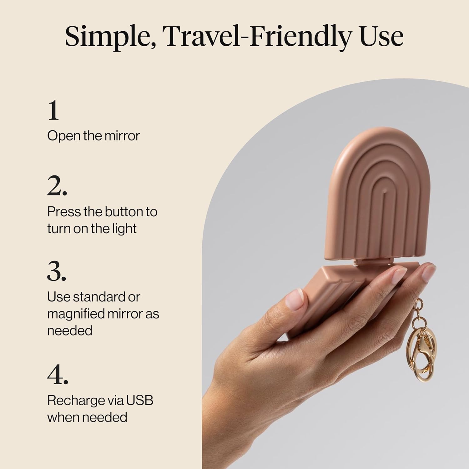 Kitsch LED Pocket Mirror – Clean-Lined Vanity Accessory for Capsule Collections, Slim USB-Rechargeable Compact in Neutral Tones