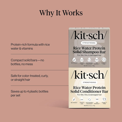 Kitsch Rice Water Protein Solid Shampoo and Conditioner Set – Clutter-Free Shower Duo, Plastic-Free Hair Essentials