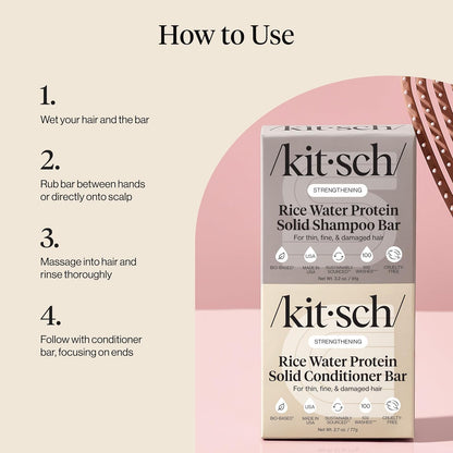Kitsch Rice Water Protein Solid Shampoo and Conditioner Set – Clutter-Free Shower Duo, Plastic-Free Hair Essentials