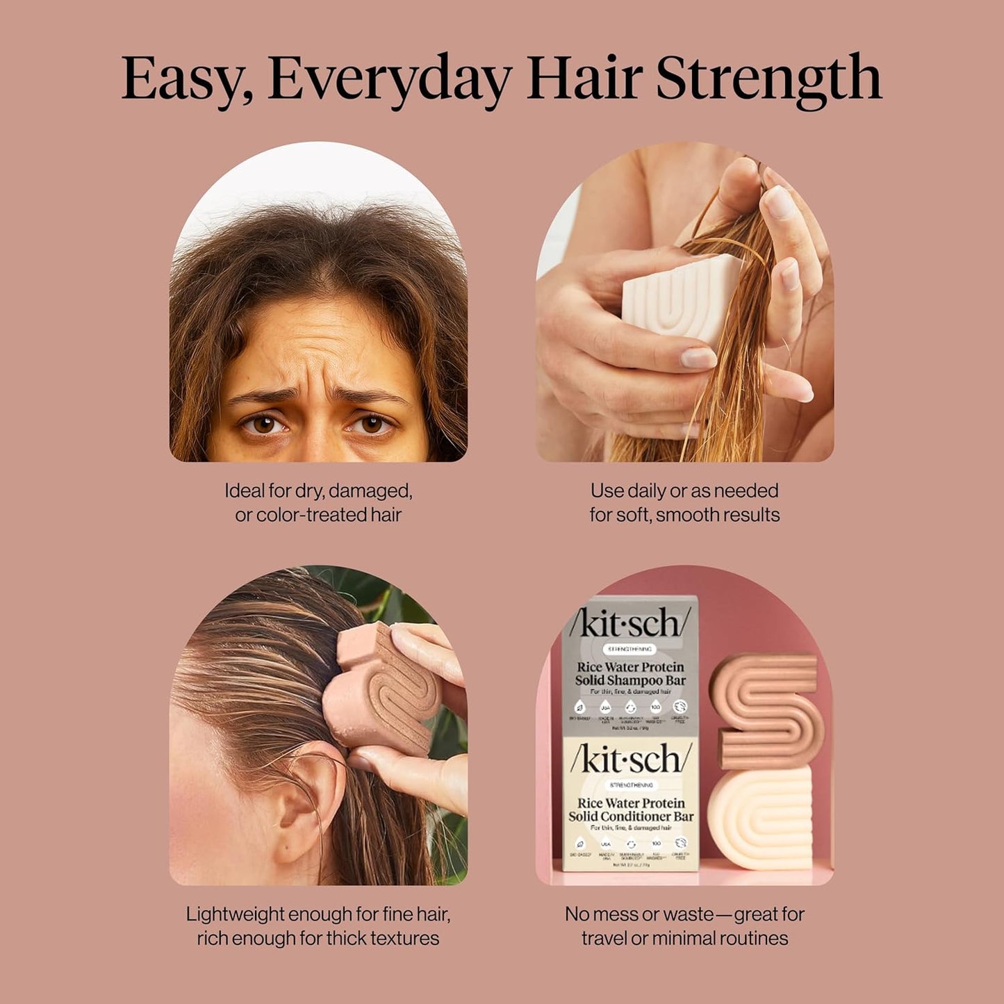 Kitsch Rice Water Protein Solid Shampoo and Conditioner Set – Clutter-Free Shower Duo, Plastic-Free Hair Essentials