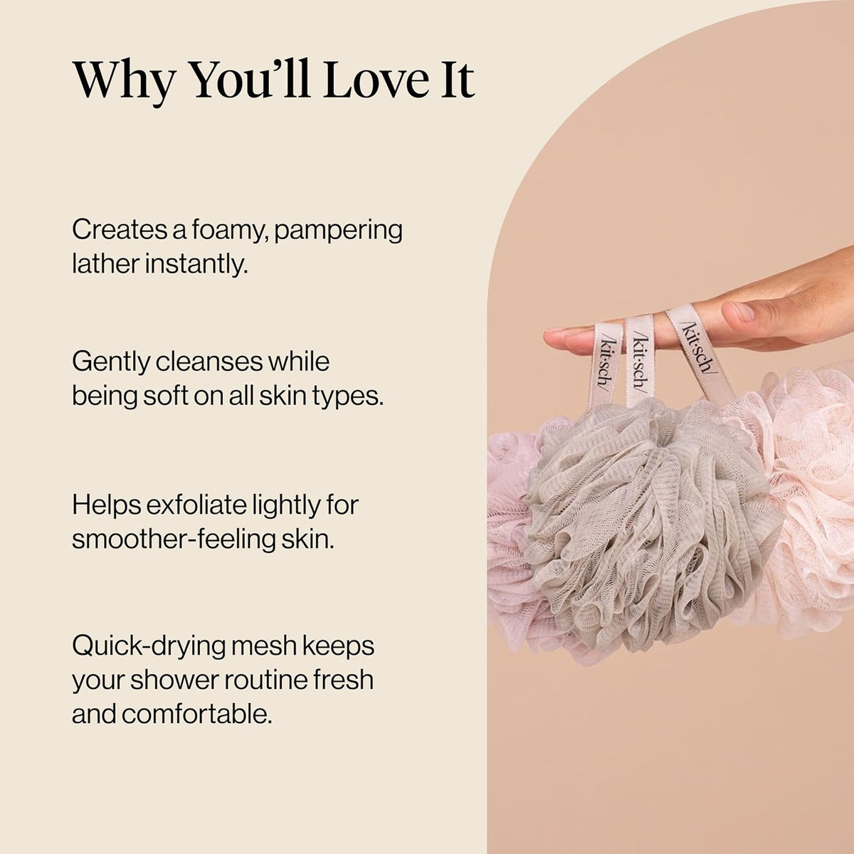 Kitsch Shower Loofah – Understated 3 Piece Bath Set in Soft Neutral Tones