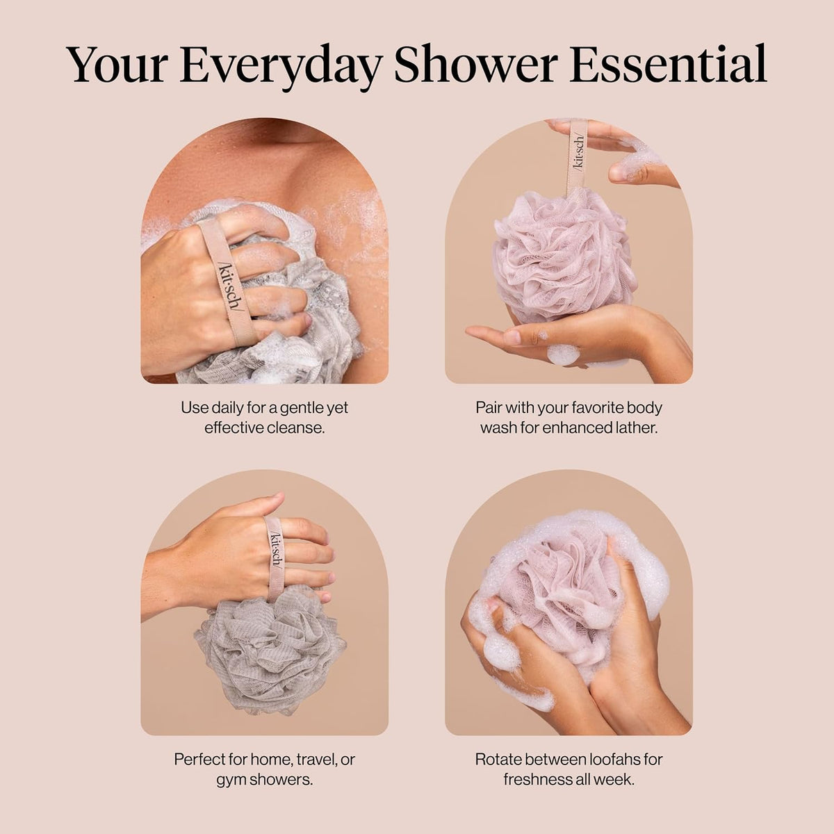 Kitsch Shower Loofah – Understated 3 Piece Bath Set in Soft Neutral Tones