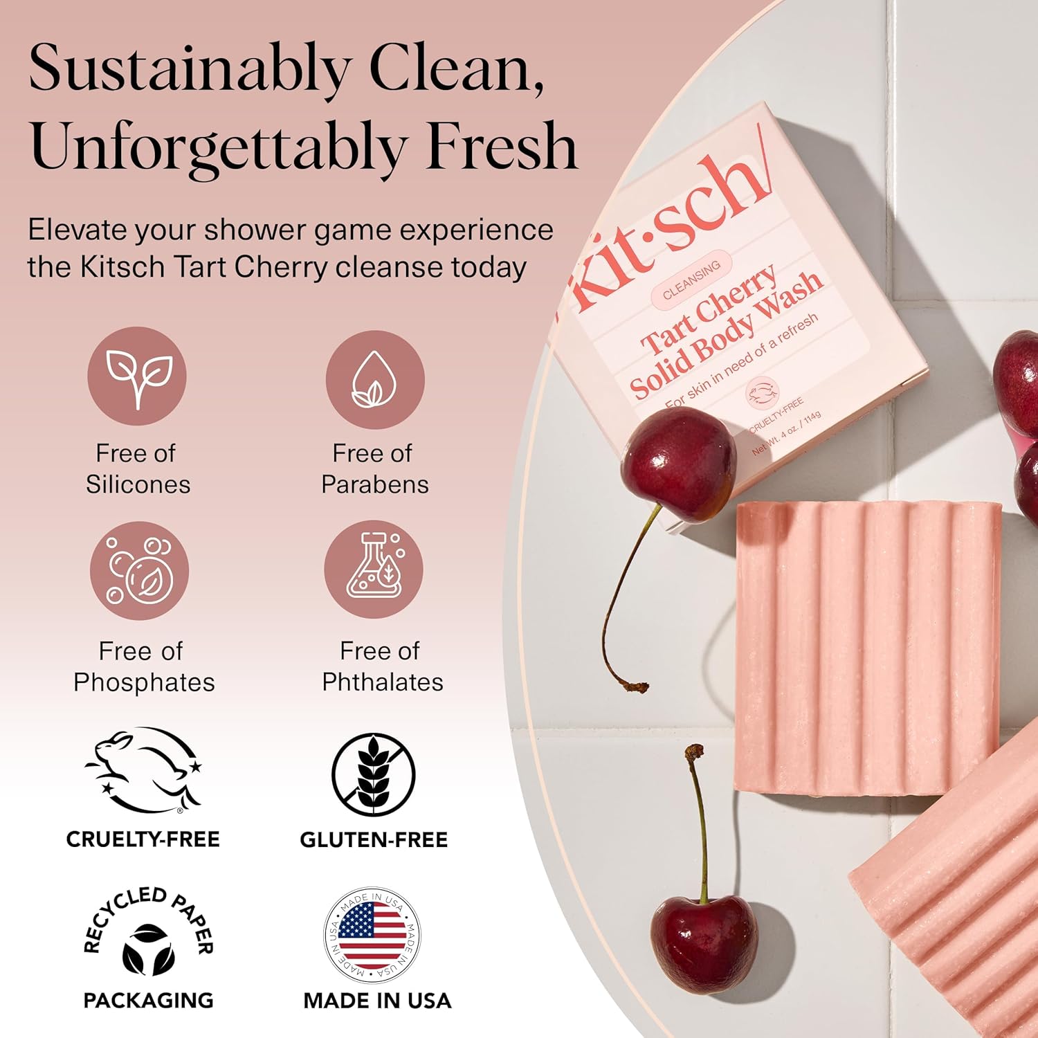 Kitsch Tart Cherry Soap Bar – Plastic-Free Bathroom Upgrade, Zero-Waste Solid Body Wash in Recyclable Packaging