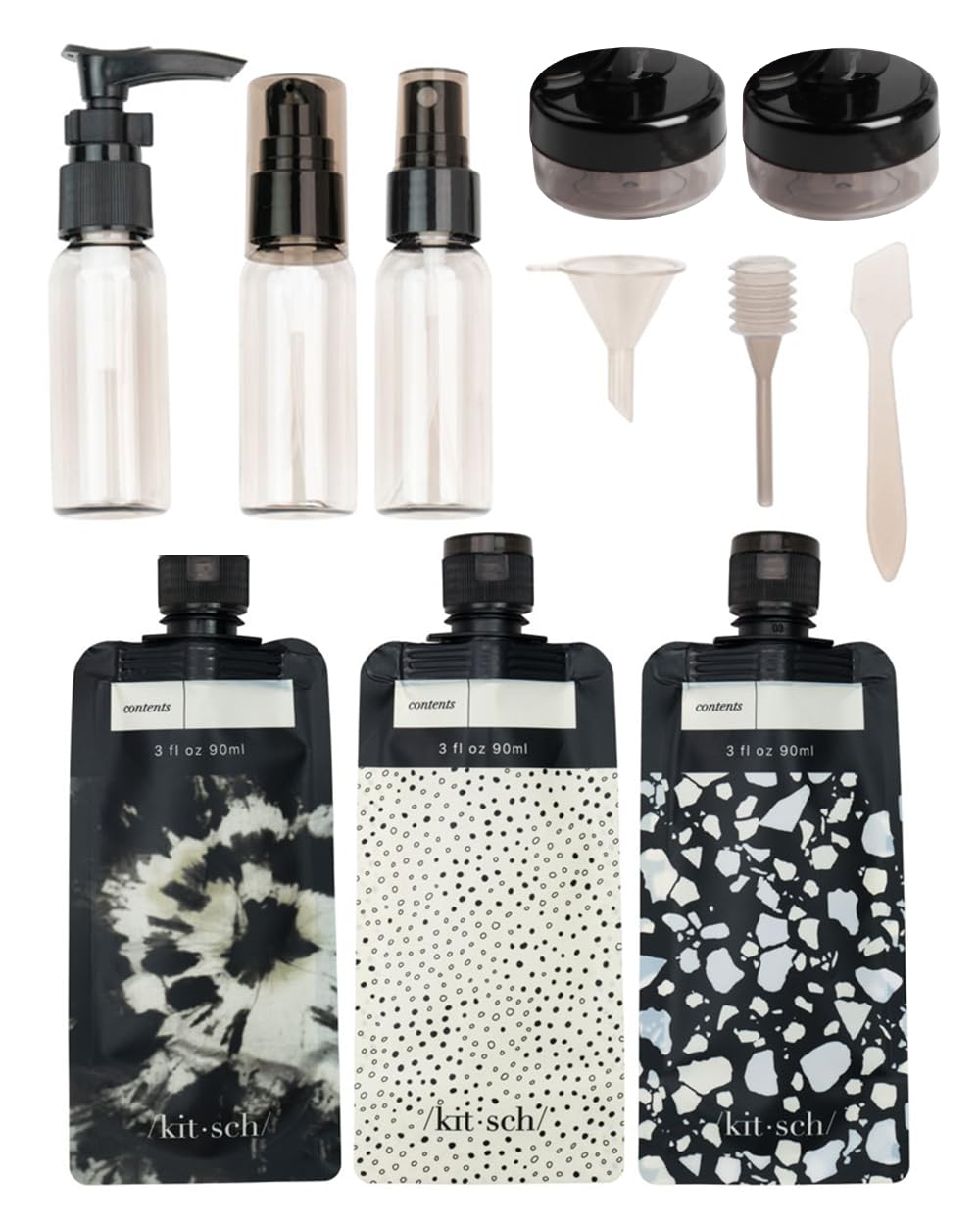 Kitsch Travel Containers for Toiletries – Minimalist 11-Piece Set in Neutral Black and Ivory for Capsule Packing