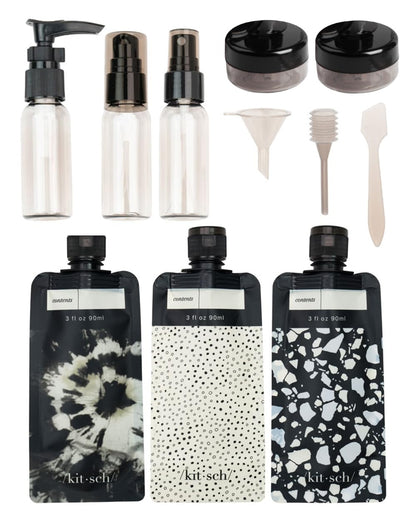 Kitsch Travel Containers for Toiletries – Minimalist 11-Piece Set in Neutral Black and Ivory for Capsule Packing