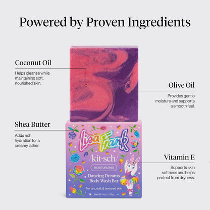 Kitsch x Lisa Frank Dancing Dreams Body Wash Bar – Plastic-Free Bathroom Vanity Swap, Solid Shea Butter Cleanser Bar with Apricot Seeds