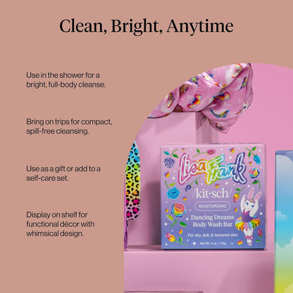 Kitsch x Lisa Frank Dancing Dreams Body Wash Bar – Plastic-Free Bathroom Vanity Swap, Solid Shea Butter Cleanser Bar with Apricot Seeds