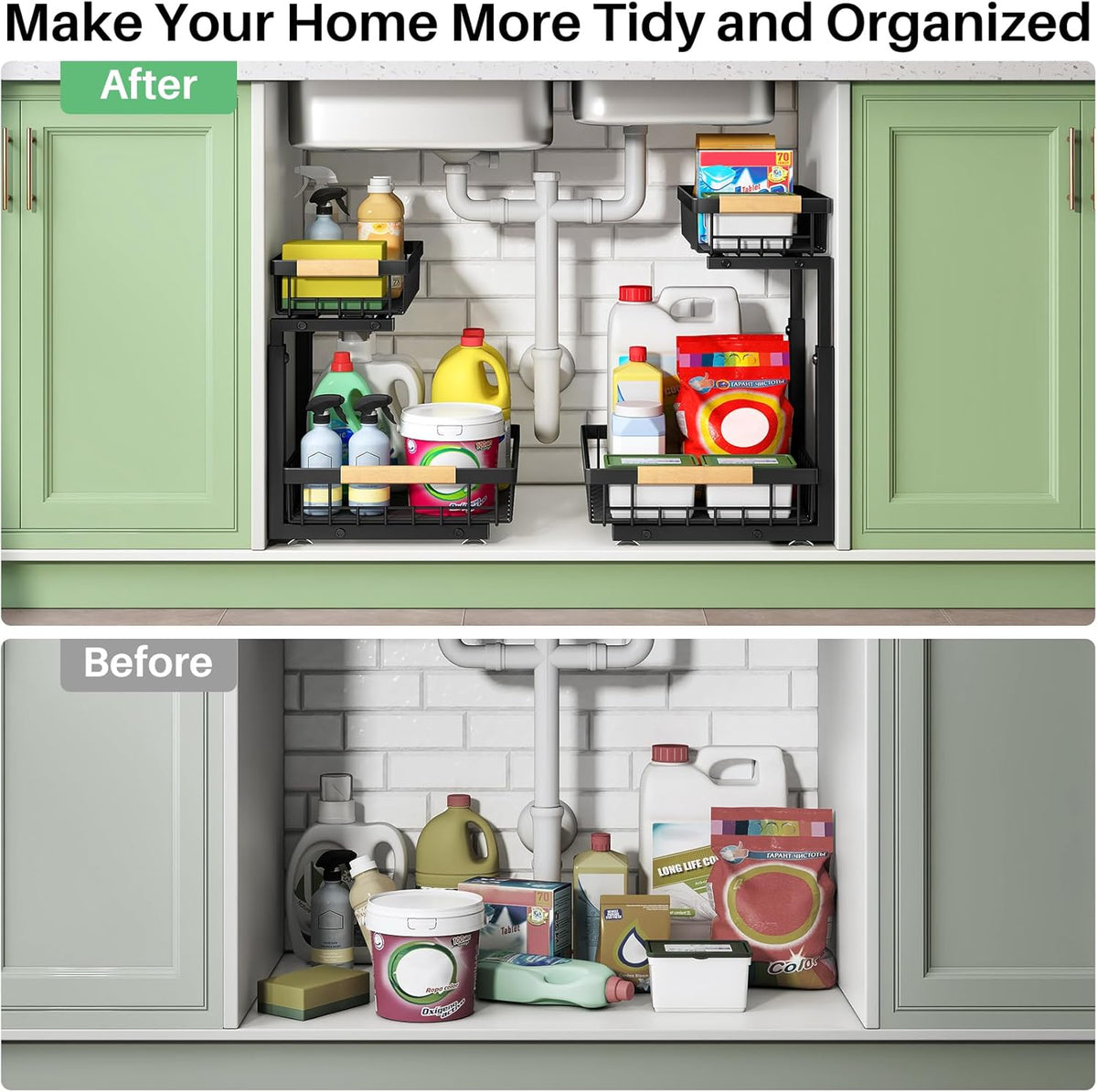 Kitstorack Under Sink Organizer for Family Kitchens, Tip-Resistant Pull-Out Storage for Heavy Cleaning Bottles