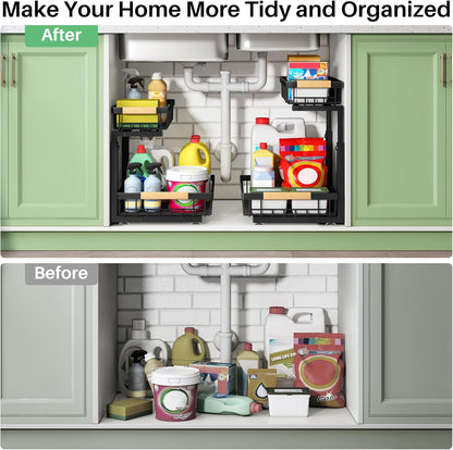 Kitstorack Under Sink Organizer for Family Kitchens, Tip-Resistant Pull-Out Storage for Heavy Cleaning Bottles