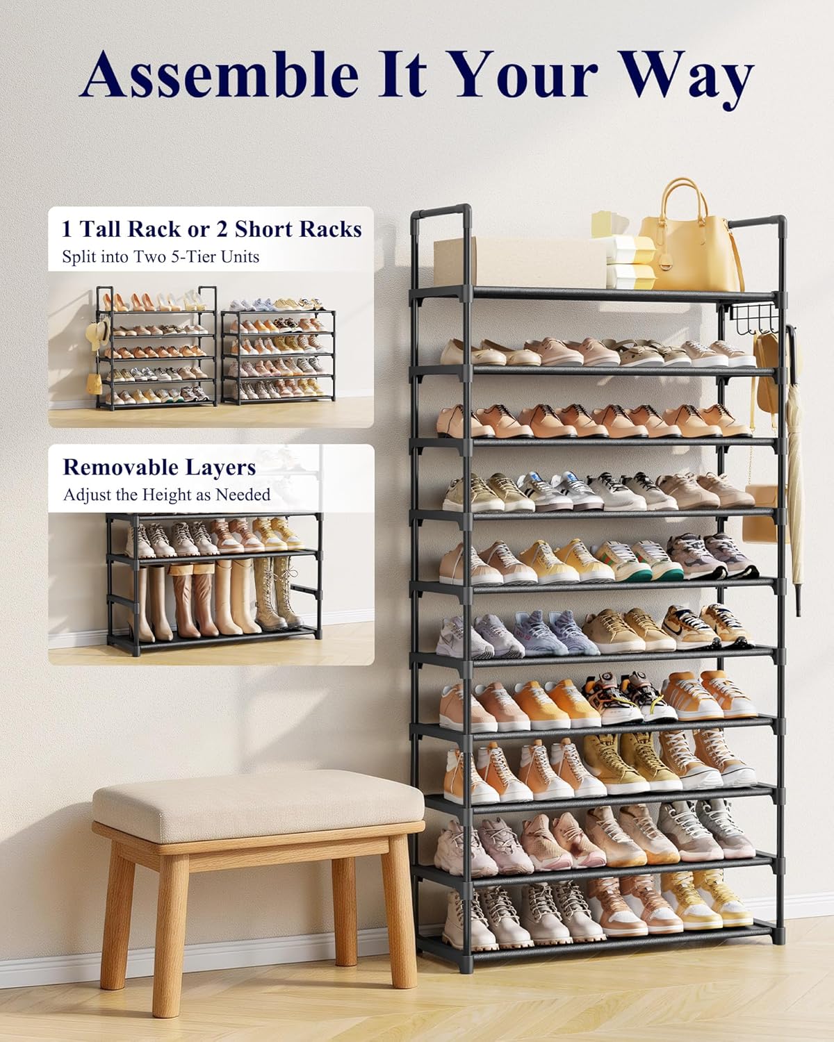 Kitsure Modular Shoe Tower – Designer Walk-In Closet Organizer, Clean Contemporary Look